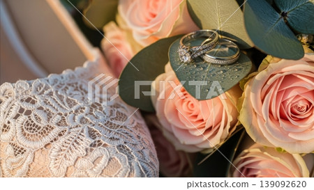 Wedding - Diamond Engagement Ring and Wedding Band Resting on Eucalyptus Leaf with Pink Roses and Lace Bridal Gown 139092620
