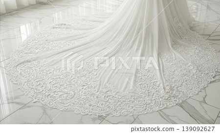 Wedding - Elegant Bridal Gown Cathedral Train with Intricate Lace Embroidery Spread on White Marble Floor 139092627