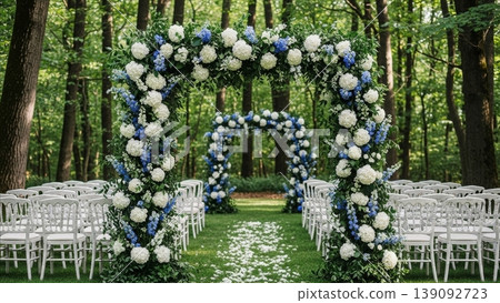 Wedding - Outdoor Forest Wedding Ceremony with Floral Arches White Hydrangeas Blue Delphiniums and White Chairs 139092723