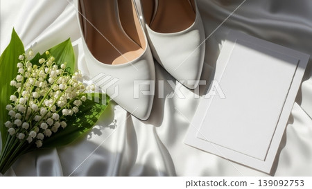 Wedding - White Bridal Heels with Lily of the Valley Bouquet and Blank Invitation Card on Satin Fabric Wedding - White Bridal Heels with Lily of the Valley Bouquet and Blank Invitation Card on Satin Fabric 139092753