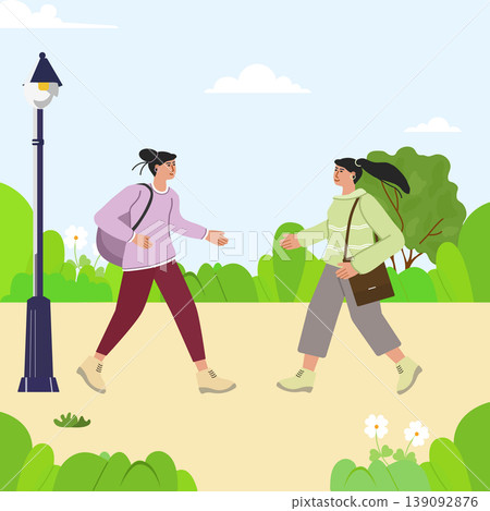 Two young women walking in park with smiles, surrounded by greenery, lamppost, and clear sky Two young women walking in park with smiles, surrounded by greenery, lamppost, and clear sky 139092876