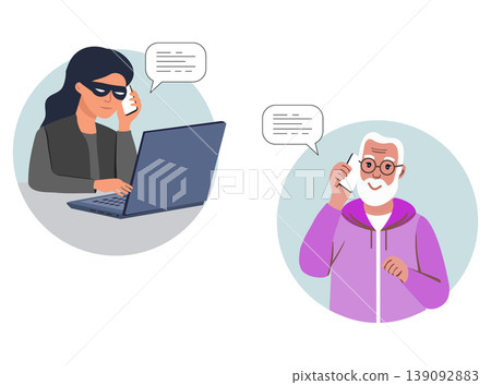 Scammer woman calling elderly man using phone as concept of online fraud and financial deceit Scammer woman calling elderly man using phone as concept of online fraud and financial deceit 139092883