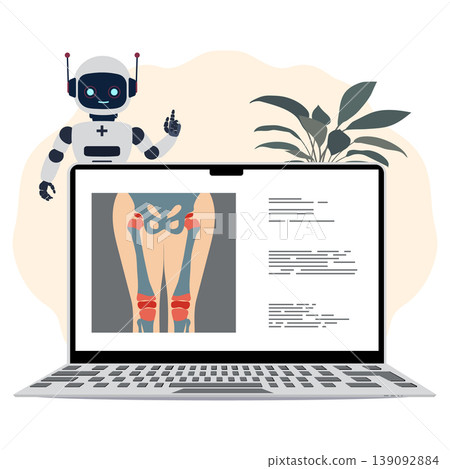 Robot offering online medical consultation with laptop displaying knee joint image Robot offering online medical consultation with laptop displaying knee joint image 139092884