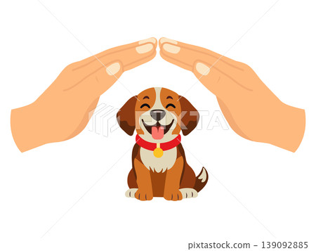 Hands forming shelter over happy dog illustrating concept of protection and care Hands forming shelter over happy dog illustrating concept of protection and care 139092885