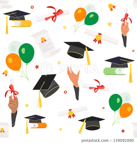 Graduation celebration pattern with caps, diplomas, balloons, ribbons, and hands on white background 139092890