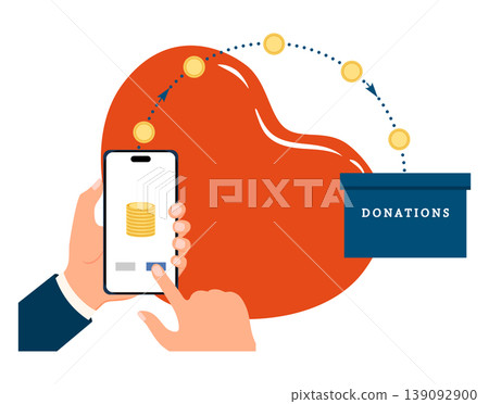 Mobile donation app concept with smartphone, coins, and donation box on heart background Mobile donation app concept with smartphone, coins, and donation box on heart background 139092900