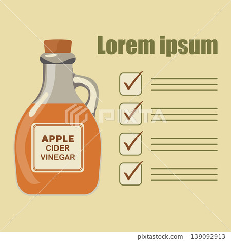 Apple cider vinegar bottle illustration with checklist and text space, suitable for background use Apple cider vinegar bottle illustration with checklist and text space, suitable for background use 139092913