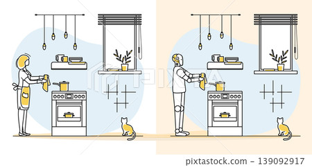Human and robot cooking in a modern kitchen with simple design, cat observing, concept of future Human and robot cooking in a modern kitchen with simple design, cat observing, concept of future 139092917