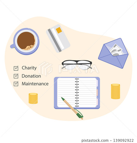 Flat lay of donation planning with notebook, coins, and credit card, suitable as financial concept background 139092922