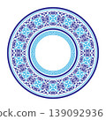 Oriental porcelain plate with floral pattern. Blue Ethnic Asia national round frame. Of the nomadic peoples of Asia, Kazakh, Kyrgyz, Mongol, Turk, Turkmen. For plate, ceramic, medallion, embroidery 139092936