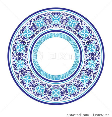 Oriental porcelain plate with floral pattern. Blue Ethnic Asia national round frame. Of the nomadic peoples of Asia, Kazakh, Kyrgyz, Mongol, Turk, Turkmen. For plate, ceramic, medallion, embroidery 139092936