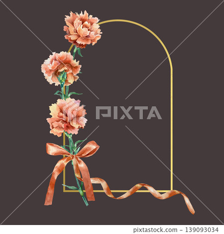 Red carnations frame with a golden arch for text. Hand drawn vector illustration. Watercolor clip art for postcards for Victory, Mothers Day and Revolution Day. Suitable for large banners and posters. 139093034