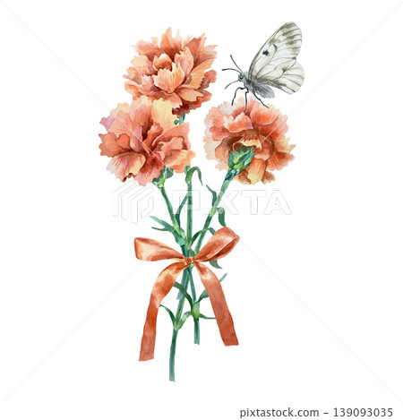 Red carnations tied with a ribbon and a perched butterfly. Hand drawn vector watercolor illustration for Mothers Day, Victory and Revolution. Suitable for large banners and posters. 139093035