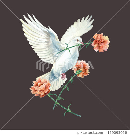 White dove and red carnations. Hand drawn vector watercolor illustration of a bird and flower for designing cards for Mothers Day, Victory and Independence Day. Suitable for large banners and posters. White dove and red carnations. Hand drawn vector watercolor illustration of a bird and flower for designing cards for Mothers Day, Victory and Independence Day. Suitable for large banners and posters. 139093036
