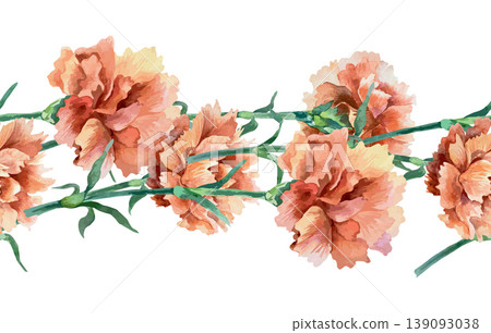 Red carnations seamless border. Hand drawn vector watercolor illustration of the flower for card design for Mothers Day, Victory and Remembrance Day. Suitable for large banners and posters. Red carnations seamless border. Hand drawn vector watercolor illustration of the flower for card design for Mothers Day, Victory and Remembrance Day. Suitable for large banners and posters. 139093038