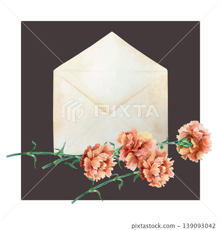 Red carnations and a vintage envelope. Hand drawn vector watercolor illustration of a flower for card design for Mothers Day, Victory and Remembrance Day. Suitable for large banners. Red carnations and a vintage envelope. Hand drawn vector watercolor illustration of a flower for card design for Mothers Day, Victory and Remembrance Day. Suitable for large banners. 139093042