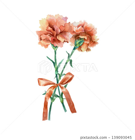 Red carnations tied with a ribbon. Hand drawn vector illustration. Watercolor clip art for cards for Remembrance, Victory, Mothers Day and Revolution. Suitable for large banners and posters. 139093045