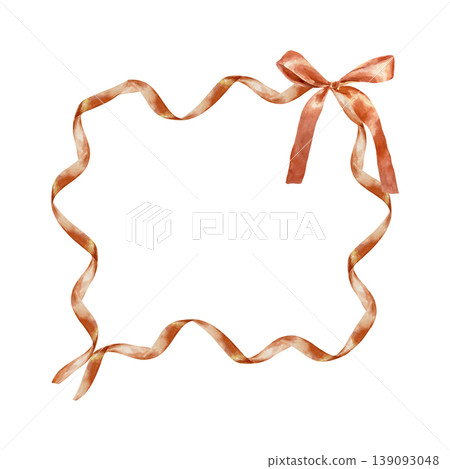 Red ribbon frame tied with a bow. Hand drawn vector watercolor illustration for designing cards for Mothers Day, Victory and Remembrance Day. Suitable for large banners and posters. 139093048