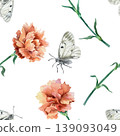 Red carnations and butterflies seamless pattern. Hand drawn vector watercolor illustration of flowers. Suitable for textile, wrapping paper and wallpaper designs. 139093049