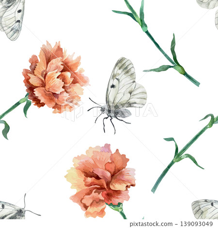 Red carnations and butterflies seamless pattern. Hand drawn vector watercolor illustration of flowers. Suitable for textile, wrapping paper and wallpaper designs. 139093049