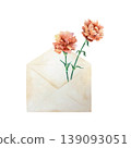 Red carnations nestled in a vintage envelope. Hand drawn vector watercolor illustration of a flower for card design for Mothers Day, Victory and Remembrance Day. Suitable for large banners. 139093051