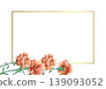 Red carnations frame with a golden rectangle. Hand drawn vector illustration of flowers for card design for Mothers Day, Victory Day, and the anniversary of the Revolution. Suitable for large banners. 139093052