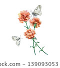Red carnations and gray butterflies of remembrance. Hand drawn vector illustration. Watercolor clip art for postcards for Victory, Mothers Day and Revolution. Suitable for large banners and posters. 139093053