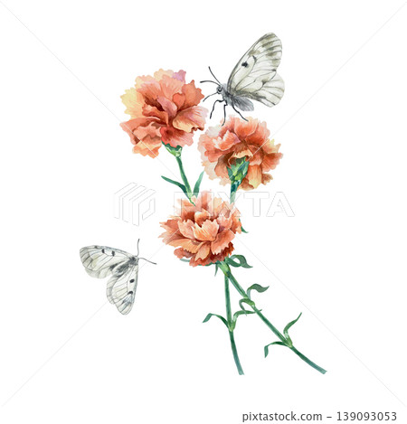 Red carnations and gray butterflies of remembrance. Hand drawn vector illustration. Watercolor clip art for postcards for Victory, Mothers Day and Revolution. Suitable for large banners and posters. 139093053
