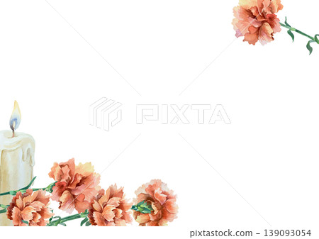 Frame with red carnations and a burning candle. Hand drawn vector illustration. Watercolor clip art for postcards for Victory Day, Mothers and Revolution Day. Suitable for large banners and posters. Frame with red carnations and a burning candle. Hand drawn vector illustration. Watercolor clip art for postcards for Victory Day, Mothers and Revolution Day. Suitable for large banners and posters. 139093054