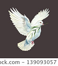 White dove with a green twig in its beak. Hand drawn vector watercolor illustration of a bird and flower for card design for Mothers Day, Communion, Baptism and Easter. Suitable for large banners. 139093057