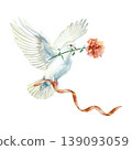 White dove with a red carnation in its beak and a satin ribbon. Hand drawn vector watercolor illustration of a bird and flower for card design for Mothers Day, Victory and Remembrance Day. 139093059
