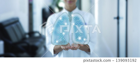 doctor holds the sensory lungs. Diseases and treatment of lungs, bronchitis, pneumonia 139093192