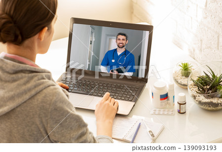 Woman sitting at home during an online consultation with her general practitioner. Medical technology, video chat with a doctor. treated at home when you are sick 139093193