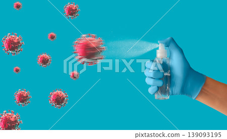 Stop pandemic covid 2019. Spraying on viruses using antiseptic. Disinfectant spray 139093195