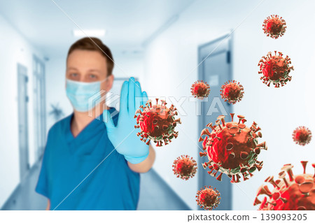 Stop pandemic covid 2019, viruses attack. Doctor wearing protective medical mask stop coronavirus . Medical care and treatment pneumonia Stop pandemic covid 2019, viruses attack. Doctor wearing protective medical mask stop coronavirus . Medical care and treatment pneumonia 139093205
