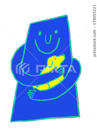 Abstract Blue Figure Hugging a Yellow Dog 139093221