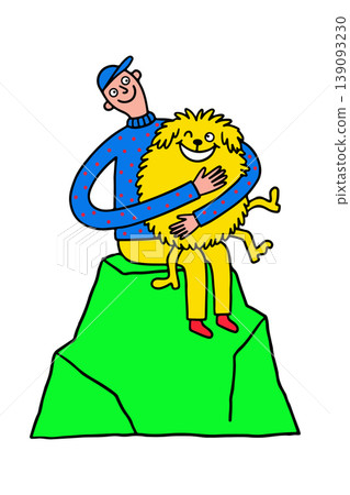 Man Hugging a Yellow Creature on a Green Rock 139093230