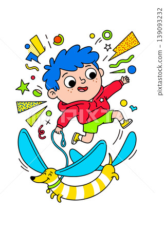 Cartoon Boy with Dachshund and Geometric Shapes Cartoon Boy with Dachshund and Geometric Shapes 139093232