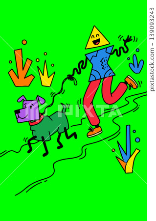 Cartoon Man with Triangle Head Walking a Dog Cartoon Man with Triangle Head Walking a Dog 139093243