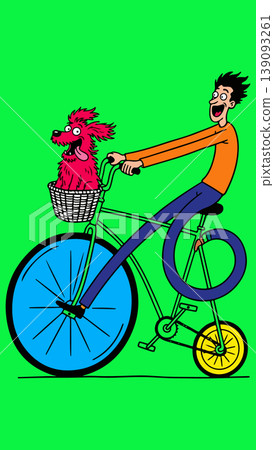 Cartoon Man Riding Bicycle with Dog in Basket Cartoon Man Riding Bicycle with Dog in Basket 139093261
