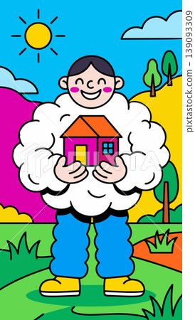 Cartoon Man Holding a House in a Colorful Landscape 139093309