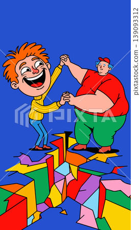 Cartoon Men Holding Hands Over Colorful Crack 139093312