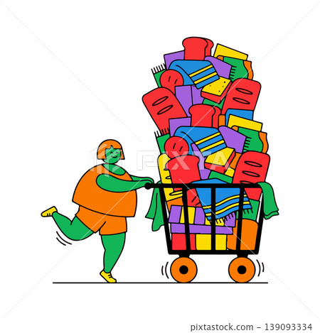Woman Pushing Shopping Cart Full of Clothes 139093334