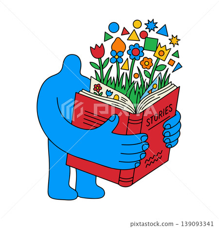 Blue Figure Reading a Storybook with Flowers and Shapes 139093341