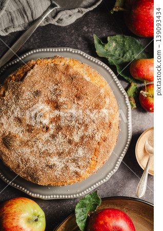 Homemade apple cake with cinnamon dark background, lifestyle moody food photo Homemade apple cake with cinnamon dark background, lifestyle moody food photo 139093434