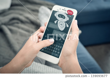 AI chatbot error on smartphone, virtual assistant hologram, artificial intelligence failure concept 139093677