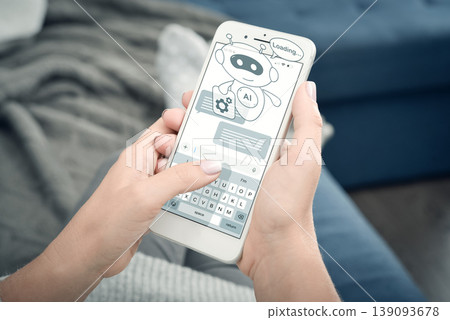 AI chatbot loading on smartphone, virtual assistant hologram, artificial intelligence processing concept 139093678