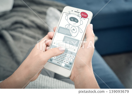 AI chatbot error on smartphone, virtual assistant hologram, artificial intelligence failure concept AI chatbot error on smartphone, virtual assistant hologram, artificial intelligence failure concept 139093679
