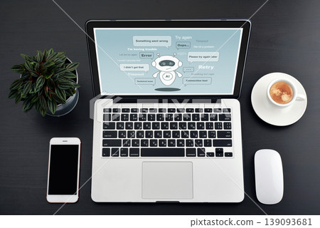 AI chatbot error concept on laptop screen, virtual assistant character with system failure messages AI chatbot error concept on laptop screen, virtual assistant character with system failure messages 139093681