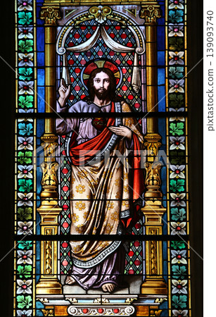 Jesus, stained glass window in Basilica Assumption of the Virgin Mary in Marija Bistrica, Croatia Jesus, stained glass window in Basilica Assumption of the Virgin Mary in Marija Bistrica, Croatia 139093740
